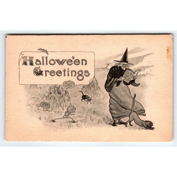 Antique Halloween Postcard Fantasy Goblins Witch Black Cat Barton & Spooner S600 - Picture 1 of 2
